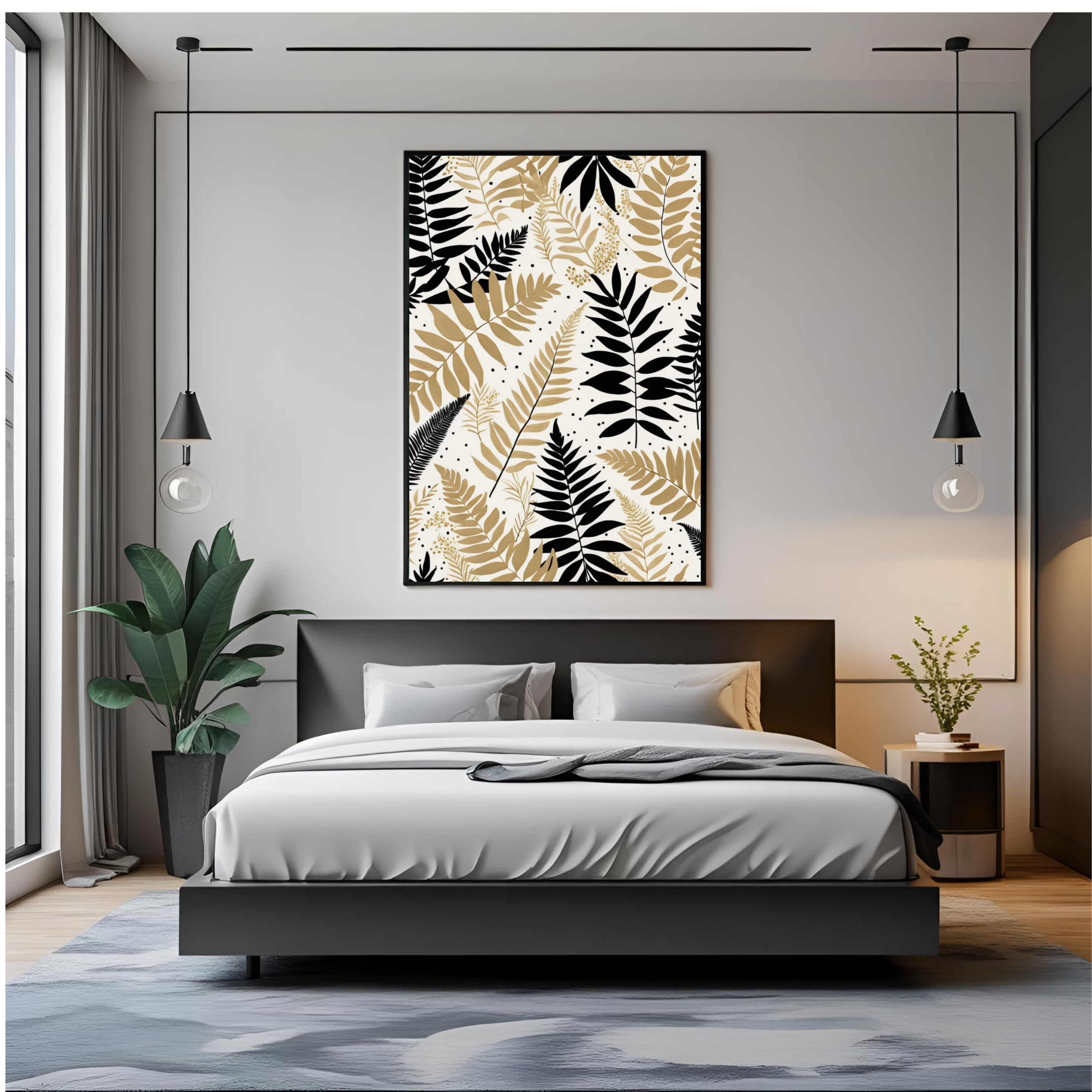 Minimalist Fern Leaf Wall Art Print – Beige and Black Botanical Poster