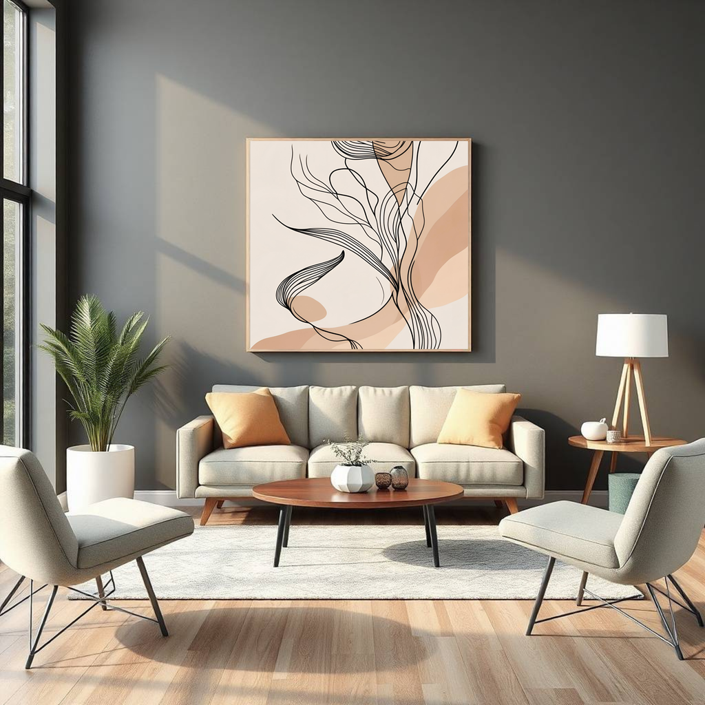 Desert Murmurs  – Soft Neutral Tones with Flowing Black Wave Patterns