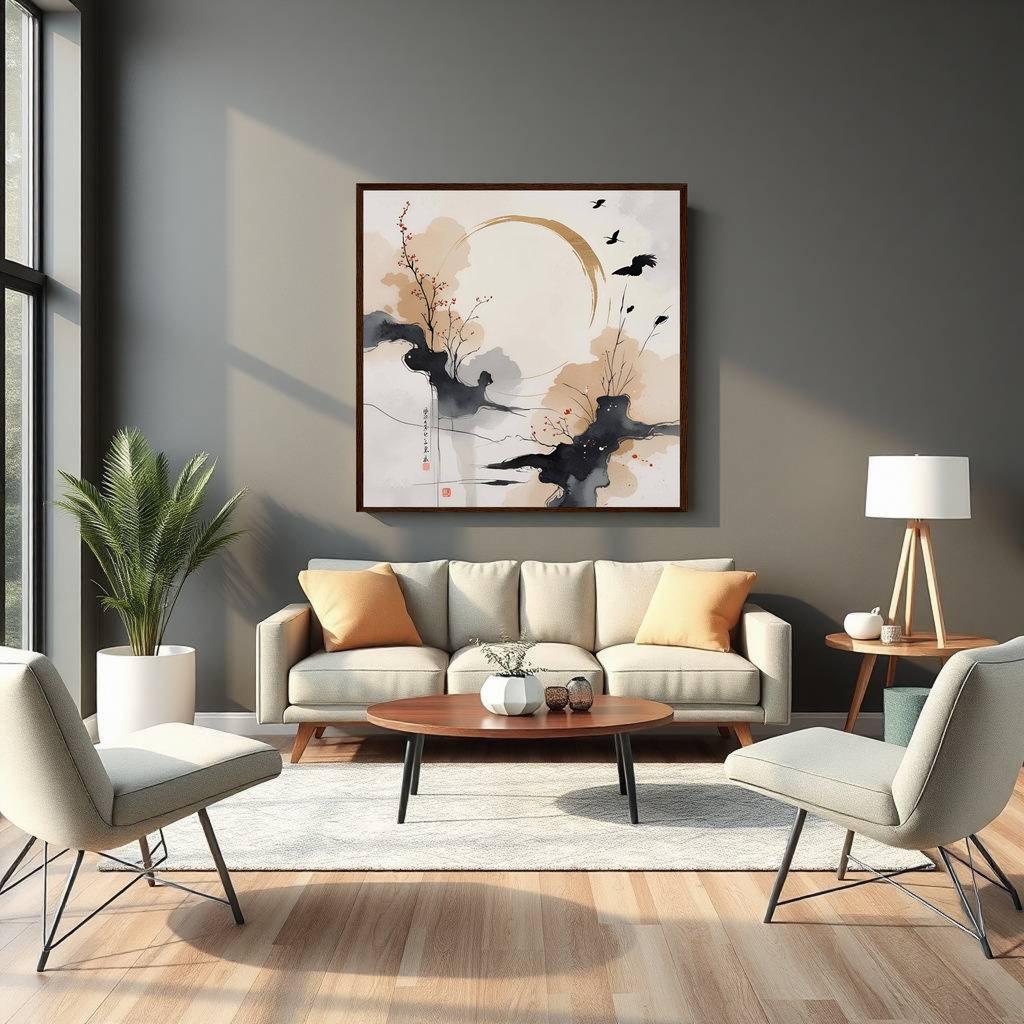 Tranquil Ink & Bloom — Sumi Ink Wall Art