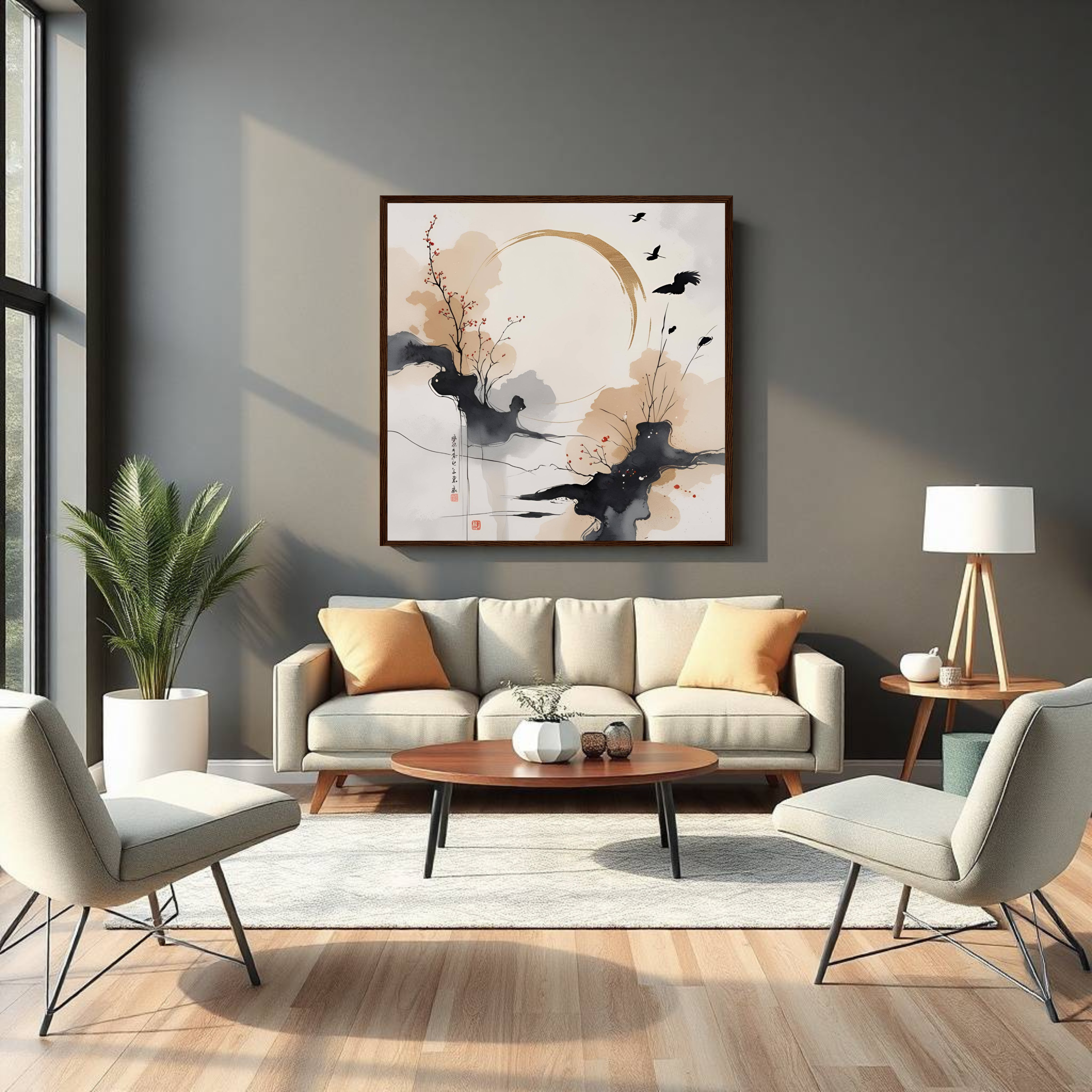 Tranquil Ink & Bloom — Sumi Ink Wall Art